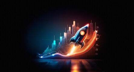 Poster - A vibrant rocket launches upwards, ascending a glowing graph against a dark backdrop, symbolizing growth and forward momentum with neon light effects.