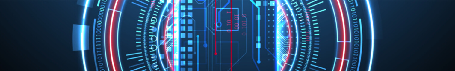 Poster - Abstraction on the theme of tech circles. Scientific and technological background. Blue gradient on the background.