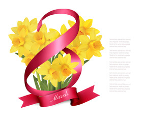 Poster - 8th March illustration with bouquet of yellow narcissus flowers in shape heart and red ribbon. International Women's Day. Vector.