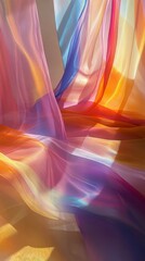 Aufkleber - Flowing sheer fabric in vibrant rainbow colors with sunlight casting soft shadows. Abstract art and interior design inspiration concept