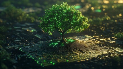 Poster - Lone green tree glowing on circuit board with digital lights, symbolizing technology and nature integration concept