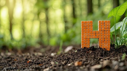 Poster - Weathering process concept. A vibrant letter H stands in rich soil, surrounded by green foliage, showcasing nature.