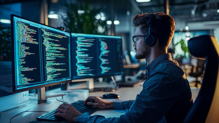 Developer coding at desk with dual monitors. Focus and expertise radiate as digital landscape comes alive on screen, innovation and tech