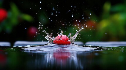 Wall Mural -   A macro shot of a water droplet with a crimson sphere submerged inside, surrounded by flora