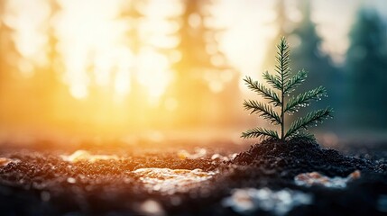 Poster - Weathering process concept. A small evergreen seedling growing in the sunlight, symbolizing nature's resilience.