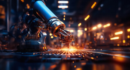 Aufkleber - Automated robotic arm precisely welds metal in a dim factory, showering sparks. Advanced machinery ensures efficient industrial production.