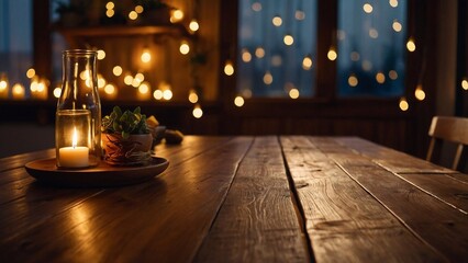 wooden table adorned with warm fairy lights creating a cozy atmosphere in a rustic setting showcasin