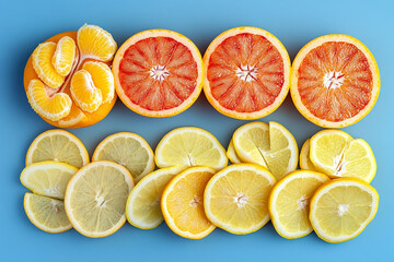 Wall Mural - Bright composition with oranges, lemons and grapefruits cut into slices