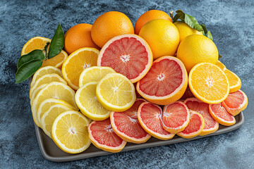 Wall Mural - Bright composition with oranges, lemons and grapefruits cut into slices