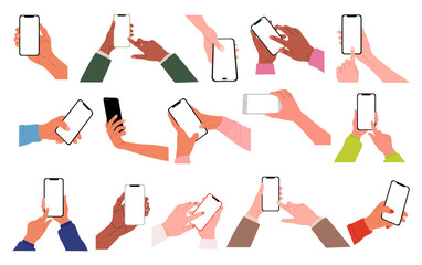 Different Hands holding mobile phones set. Fingers touching, scrolling smartphone screens, using applications. Empty screen, phone mockup. Flat vector illustration isolated