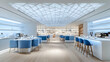 © Klarisan - Photo - Modern Cafe Interior Design, Blue Chairs, White Tables, Geometric Ceiling