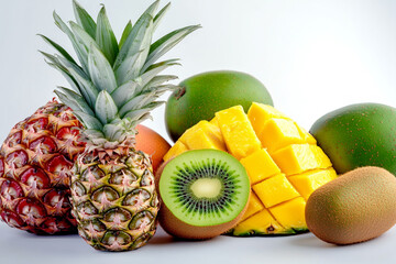 Wall Mural - Fresh tropical fruits including pineapple, mango and kiwi on white background