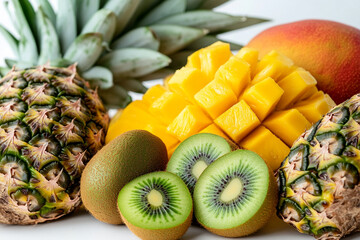 Wall Mural - Fresh tropical fruits including pineapple, mango and kiwi on white background