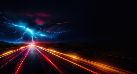 Poster - A dark night scene depicts light streaks on a road leading toward a stormy sky with bright blue lightning bolts illuminating the horizon.