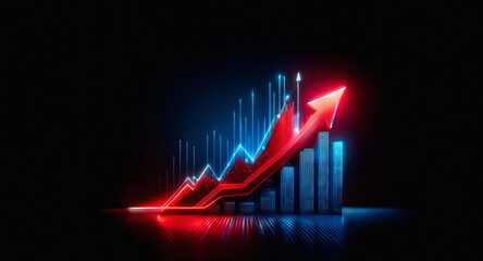 Fototapete - Vivid red arrow ascends over blue bars on a dark background, symbolizing positive growth and upward trends with dynamic neon illumination.