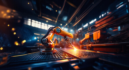 Aufkleber - Automated robotic arm operating in a modern factory. Industrial scene with machinery, conveyor belt and sparks. Advanced technology in a manufacturing plant setting.