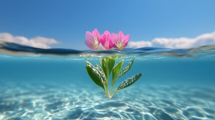 Blooming plants beneath the ocean surface, clear water illuminated by the light of the sun