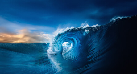 Poster - A powerful ocean wave curls dramatically under a dark blue sky, hinting at a sunset glow on the horizon. The dynamic seascape showcases nature's raw energy.