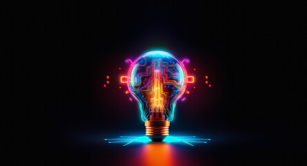 Aufkleber - A glowing light bulb with a brain inside, illuminated in vibrant neon colors against a dark background.  Concept of bright ideas, innovation, and intelligent solutions.