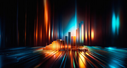Leinwandbilder - Abstract metallic bars form a rising graph illuminated by vibrant orange and blue light against a dark backdrop. The floor reflects the glowing forms, creating a modern and dynamic scene.