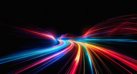 Poster - Abstract image featuring dynamic, colorful light streaks against a dark backdrop.  Vibrant hues of red, blue, yellow, and green create a sense of speed and motion.
