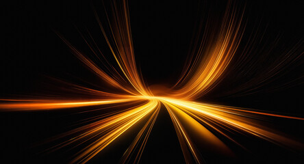 Poster - Dynamic streaks of radiant orange and yellow light rush from a central point on a dark backdrop, creating an abstract display of speed and motion.
