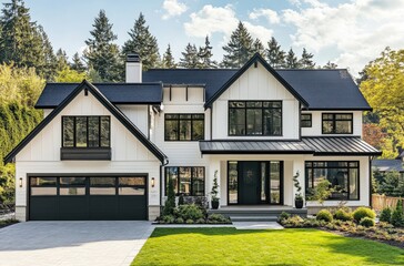 Wall Mural - A modern farmhouse-style home in British Columbia, Canada, with white walls and a black roof, featuring large windows for natural light and a detailed front entrance with a garage door.