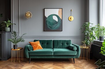 Wall Mural - an elegant and cozy interior design in a Polish city center, featuring a green sofa with black legs, gold side tables, abstract art on the wall