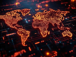 abstract digital world map illuminated with glowing orange data points and circuits in a dark backgr