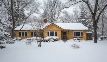 Wall Mural - the exterior front view of an attractive single-story home in North America, with snow on the roof and trees