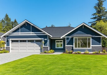 Wall Mural - the front view, a wide-angle shot of a blue and gray craftsman-style home with large windows on both sides of the garage door, set in a lush, green lawn