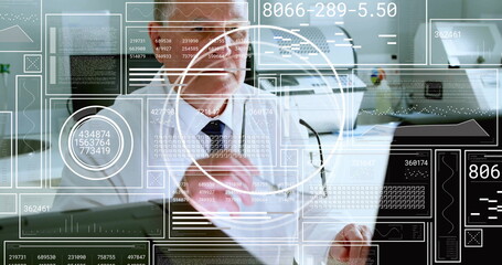 Canvas Print - image of data processing over caucasian male scientist in lab