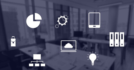 Wall Mural - Image of data processing and diagrams over office