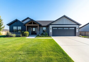 Wall Mural - a single-story, modern farmhouse-style home with blue-grey colored walls and green grass in the front yard.