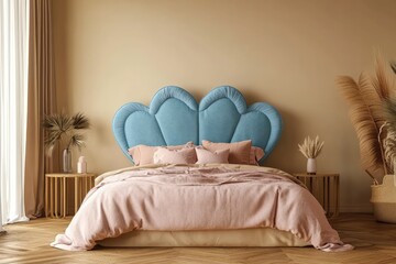 Wall Mural - Design of a minimalist bedroom with a heart-shaped headboard in pastel colors, featuring soft linens and elegant bedside lamps