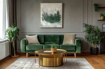 Wall Mural - Modern interior of the living room in an apartment with a green sofa, gold coffee table, and an abstract painting on the wall, gray walls, a wooden floor