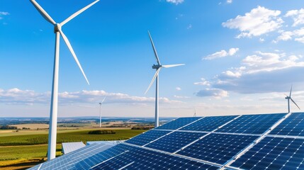 Wall Mural - A sunny landscape featuring solar panels and wind turbines, highlighting renewable energy sources under a clear blue sky.