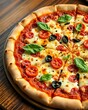 © AURELIE SUARES - image d'une pizza cuisinée par un pizzaiolo dans une pizzeria et sur laquelle on a coupé des parts de pizza