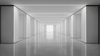 Wall Mural - A spacious, minimalist corridor with sleek white walls and bright lighting, leading towards a distant light source, creating a sense of depth and serenity.