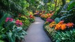 © Dmytro - A lush tropical garden with a winding pathway surrounded by vibrant flowers and dense greenery. The scene feels like an exotic escape into nature's beauty. Generative AI