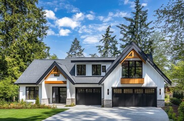 Wall Mural - a modern farmhouse-style home in Vancouver, with a white and wood color theme, blue sky, a garage door with a large window, a driveway, trees, shrubs, and landscaping.