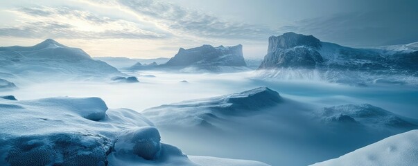 Ocean acidification idea. Serene winter landscape with snow-covered mountains and foggy atmosphere.