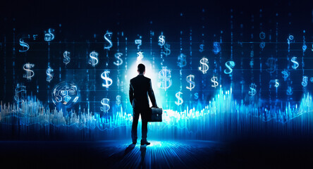 Aufkleber - A silhouetted individual with a briefcase faces a glowing blue digital screen displaying dollar signs and financial graphs, representing business and finance.