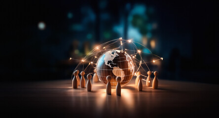 Aufkleber - Globe encircled by glowing lines and wooden figures, depicting worldwide connections and collaborative community.