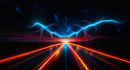 Poster - Electric blue lightning cracks across a dark sky above a road with neon orange light trails at night. Dynamic and powerful scene.