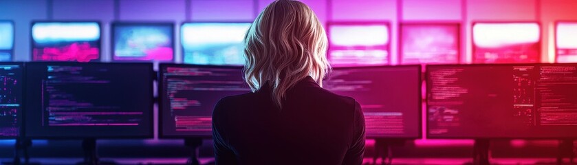Woman Programmer Working Late at Night with Multiple Computer Screens Showing Code