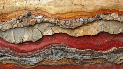 Sticker - Weathering process concept. Close-up of layers in geological rock showcasing colors and textures of natural sediments.