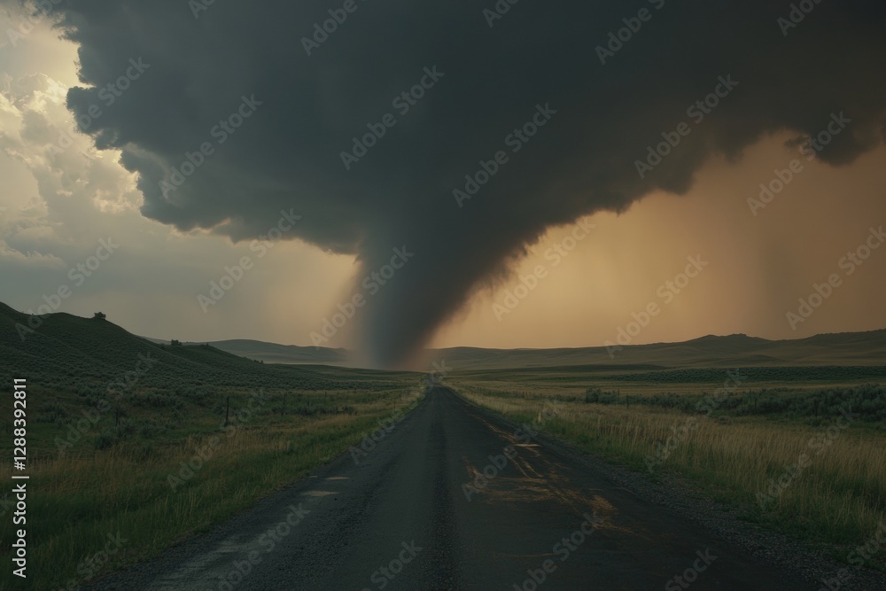Tornado funnel cloud forming over a road in a rural area during stormy ...