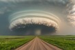 © Ivanna - Tornado funnel cloud forming over a rural road in a vivid green landscape during a storm. Generative AI