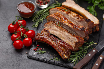 Wall Mural - delicious sticky  grilled ribs with barbecue sauce